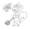 Coloring book for kids - baby unicorn with a butterfly net in his hands catches a butterfly. Black and white cute cartoon unicorns Royalty Free Stock Photo